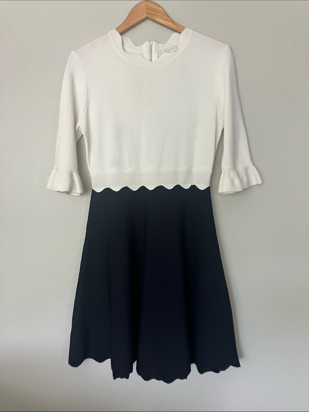 Ted Baker White and Black Scalloped Fit-and-Flare Midi Dress